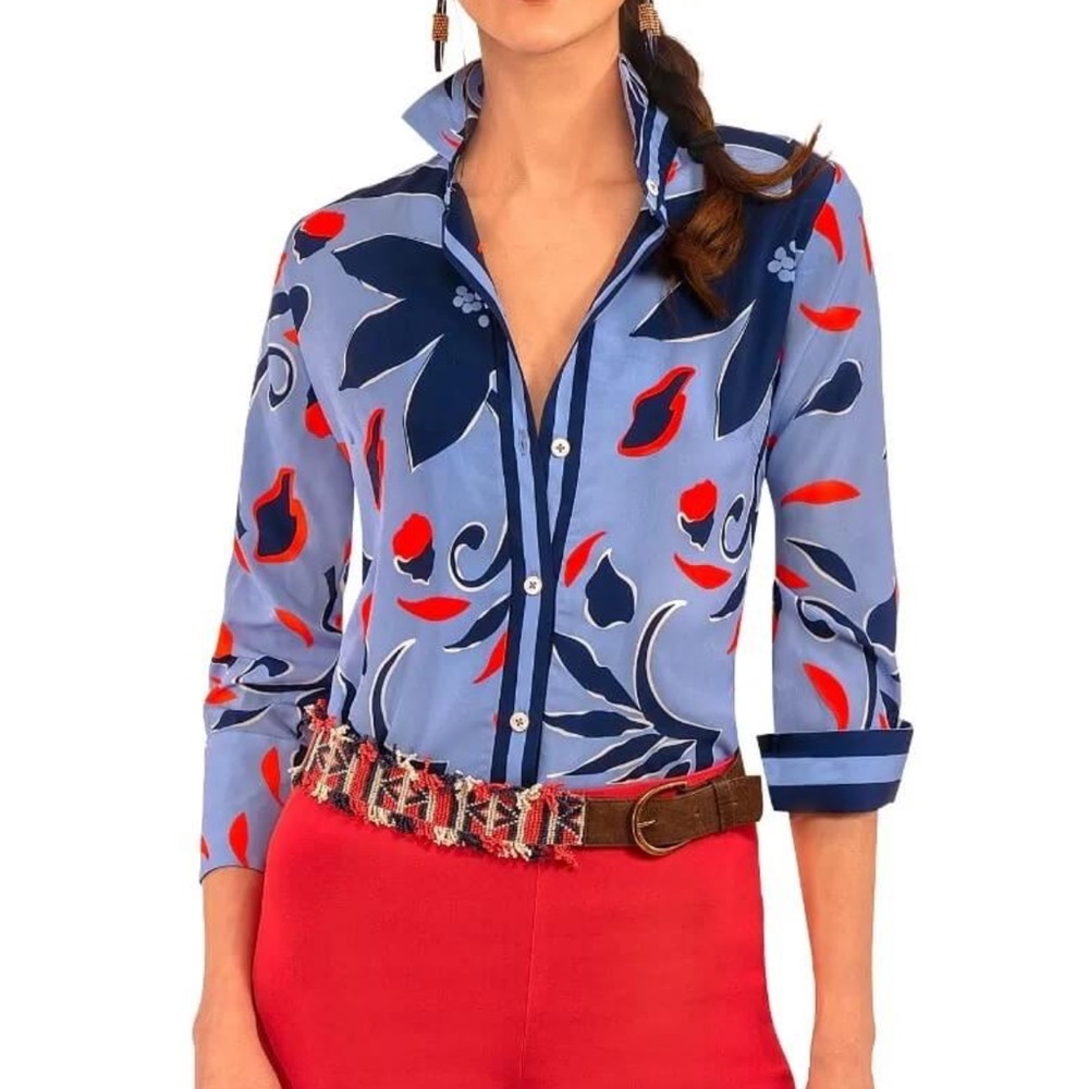 Gretchen Scott Boyfriend Shirt Floral Blue periwinkle full bloom Top XS New $148 - Picture 1 of 3